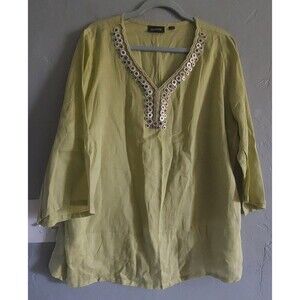 Avenue lime green linen split-neck tunic top featuring unique shell and bead,22/